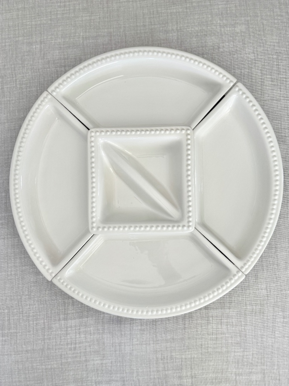 Lazy Susan Serving Tray White Ceramic Beaded Rim Divided Chip & Dip Appetizer